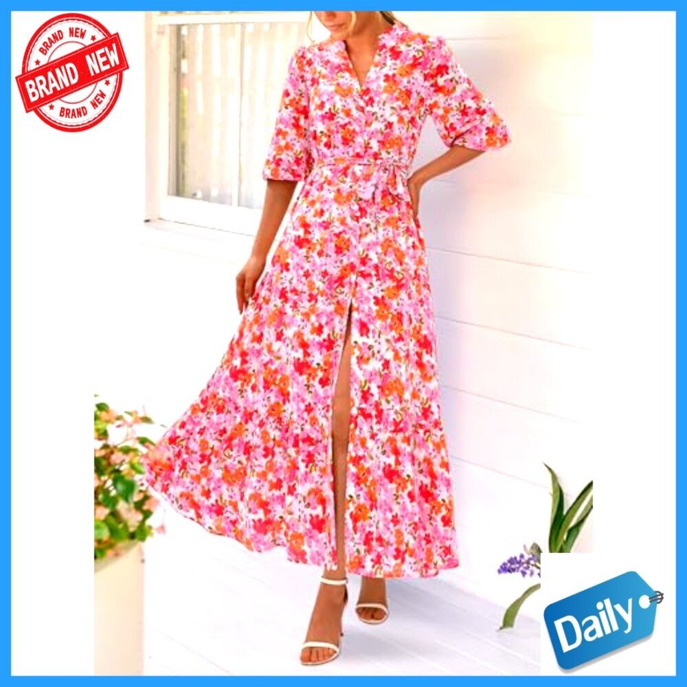Floral Boho Maxi Dress with V-Neck and Puff Sleeves, Button Front, Tiered Skirt - Picture 5 of 7